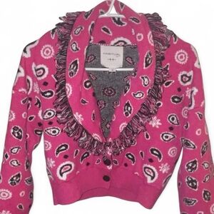 Habitual Fuchsia and Black Paisley Patterned Button Up Sweater with Fringe